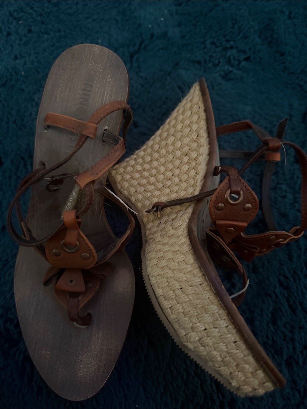 Nine West Brown Leather Wedge Sandals with Natural Woven Platform